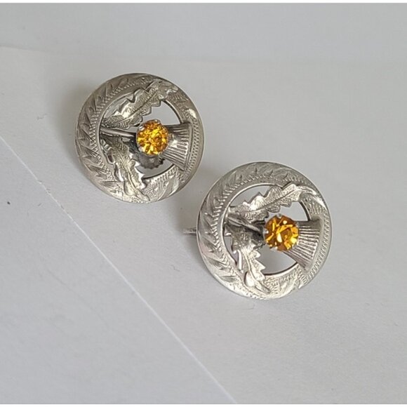 Vintage WB Scotland Sterling Silver Boho Yellow Citrine Circle Stud Earrings - Picture 3 of 13